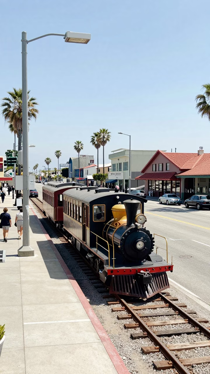 Vintage 1950s San Diego Street Scene with Narrow Gauge Train and Brushed Steel Details in in San Diego, California, United States