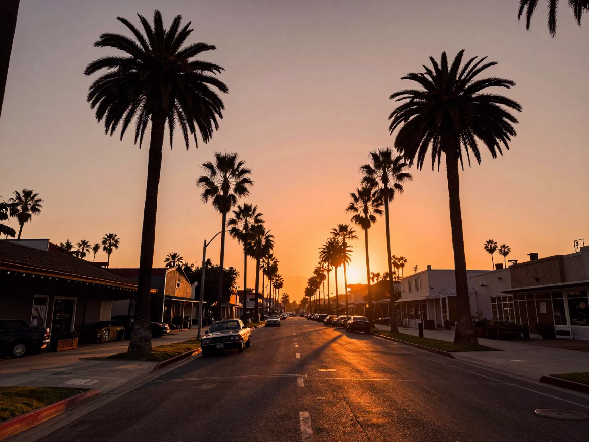 Vintage 1950s San Diego Sunset Boulevard Palm Tree Avenue Street Scene in in San Diego, California, United States