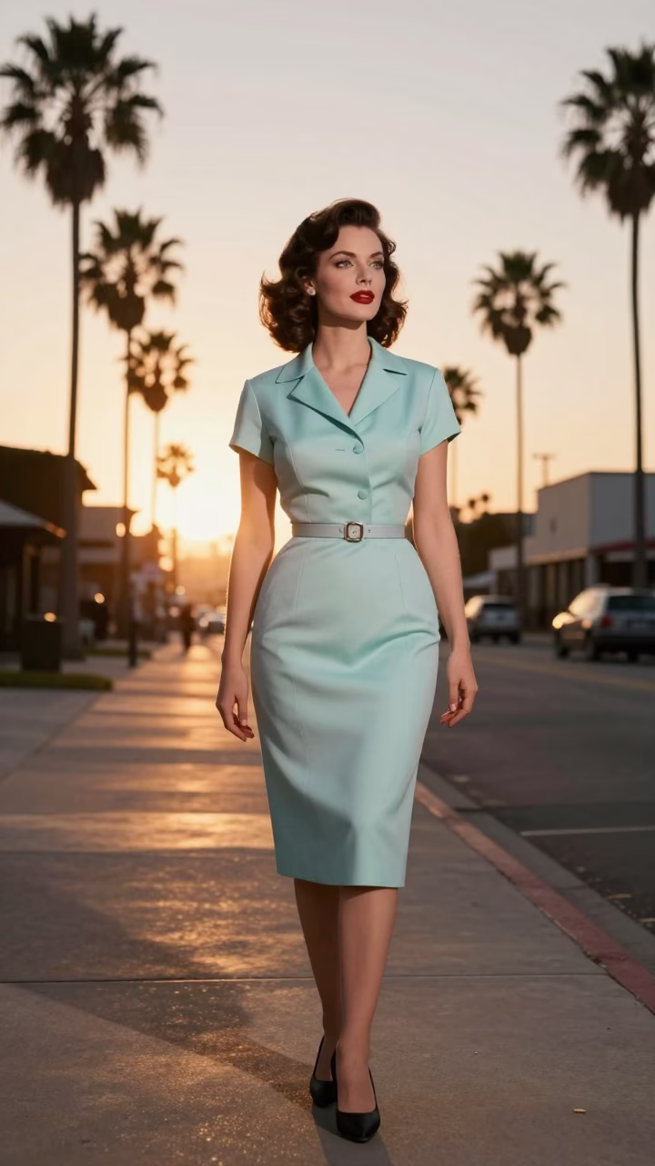 Vintage 1950s San Diego Sunset Street Style Fashion Portrait with Charm Bracelet in in San Diego, California, United States