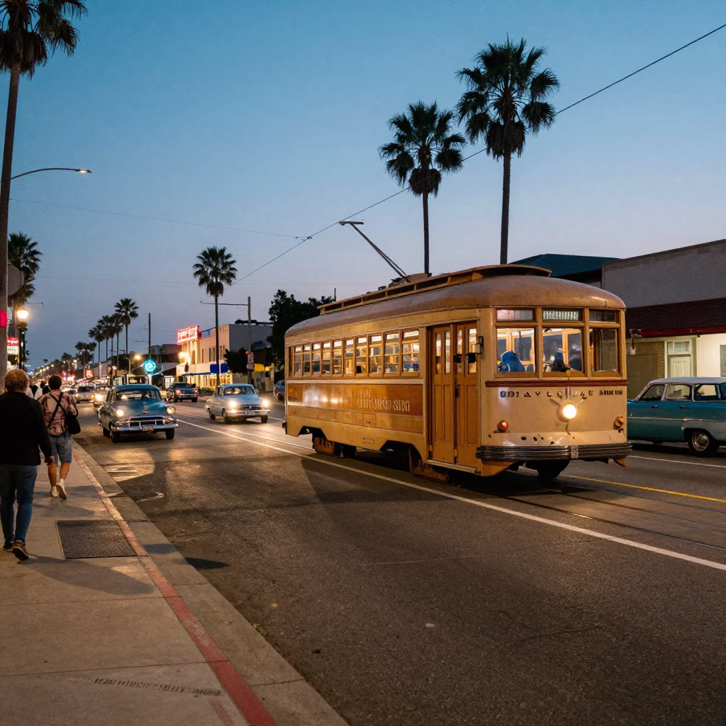 Vintage 1950s San Diego Twilight Street Scene with Tramcar and Classic Cars in in San Diego, California, United States