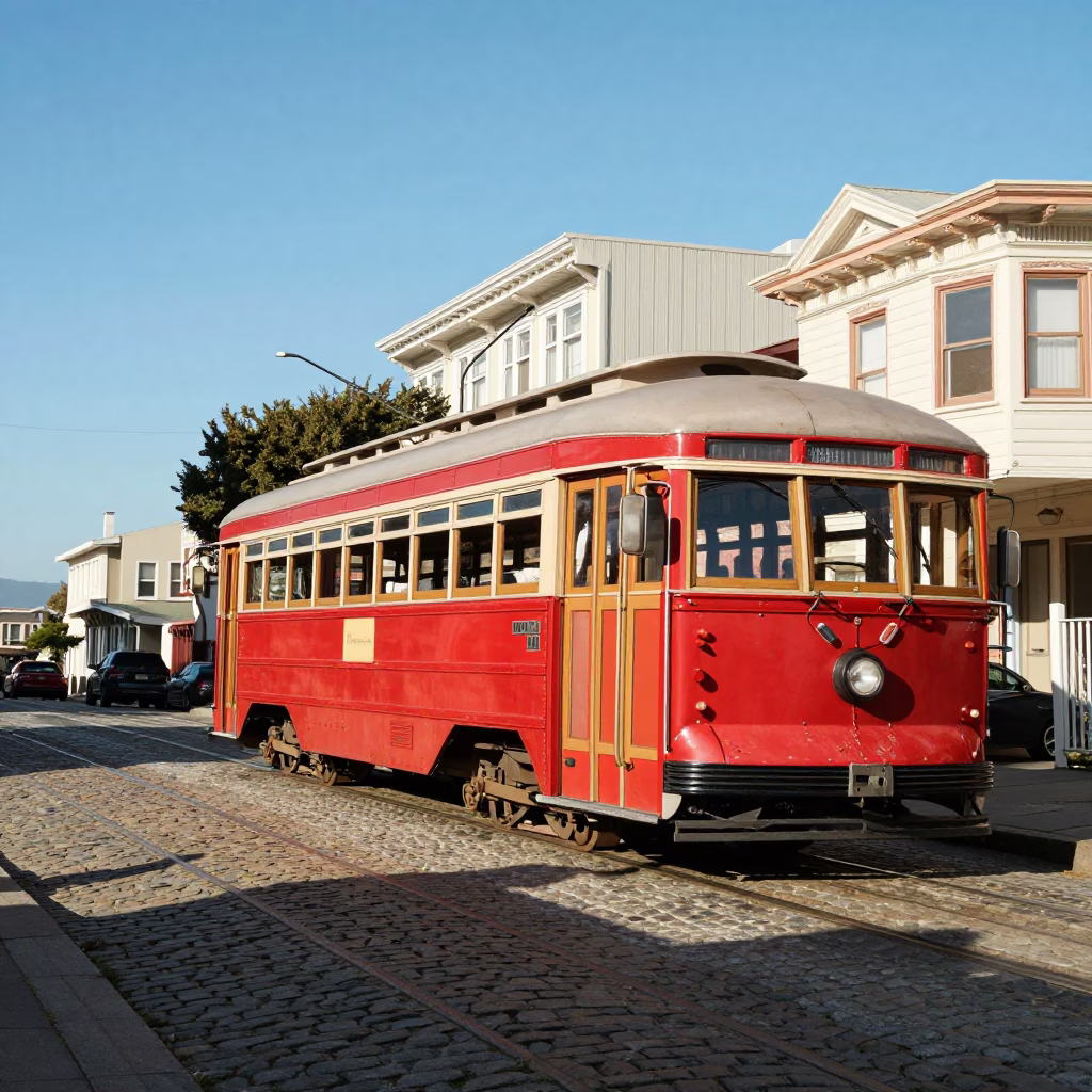 Vintage 1950s San Francisco Heritage Tram on Cobblestone Avenue in Late Afternoon Light in in San Francisco, California, United States