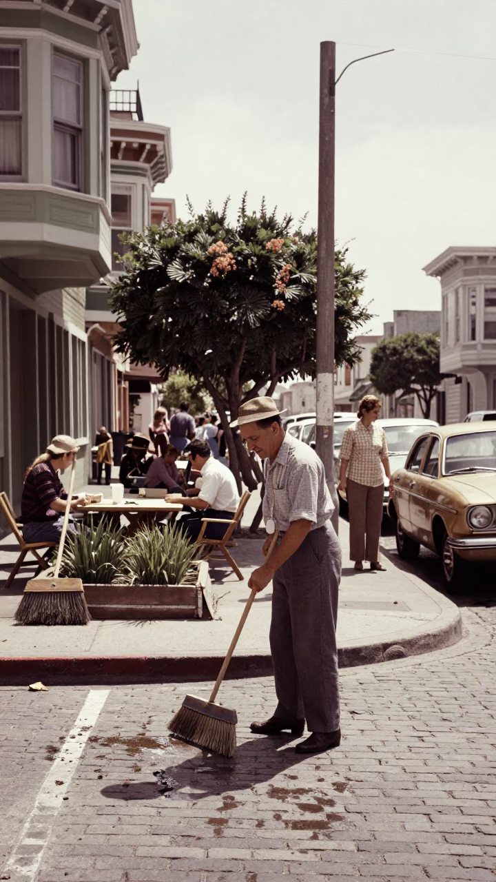 Vintage 1950s San Francisco Street Scene with Brooms and Garden Rake in in San Francisco, California, United States