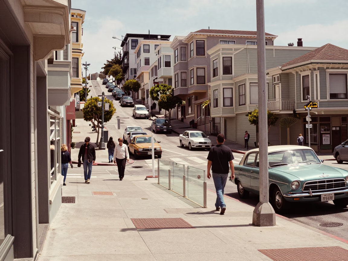 Vintage 1950s San Francisco Street Scene with Clear Glass Rail and Urban Details in in San Francisco, California, United States