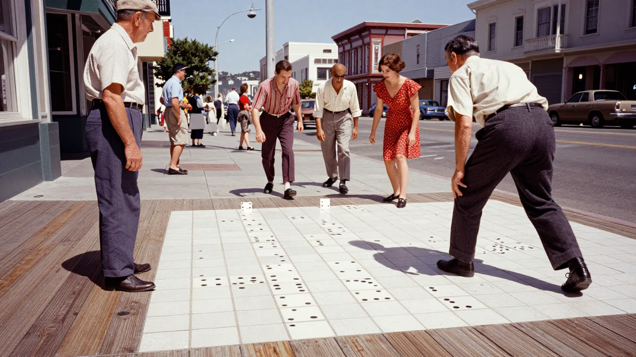 Vintage 1950s San Francisco Street Scene with Domino Players and Muffin Tins in in San Francisco, California, United States