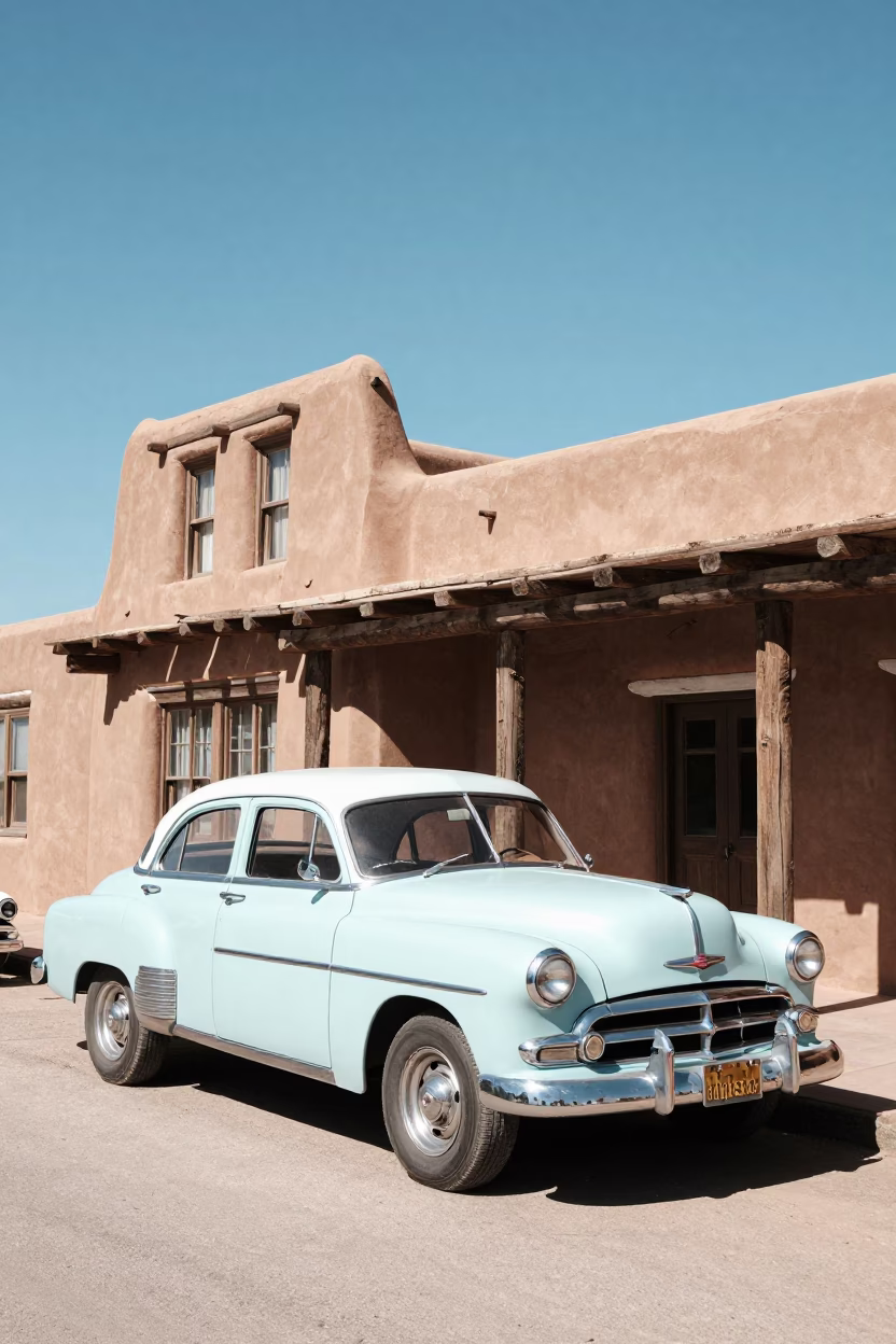 Vintage 1950s Santa Fe Street Scene with Adobe Architecture and Local Commerce in in Santa Fe, New Mexico, United States