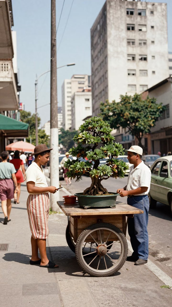 Vintage 1950s São Paulo Street Scene with Bonsai Juniper Display in in São Paulo, Brazil