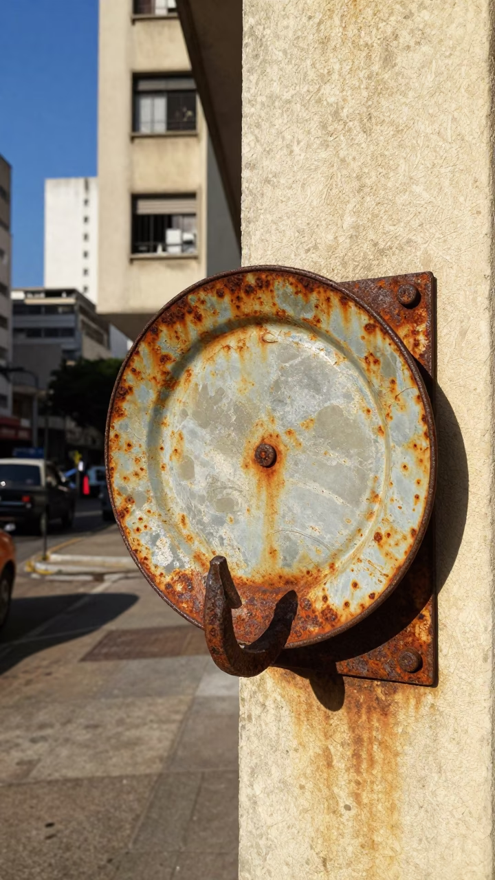 Vintage 1950s São Paulo Street Scene with Rusty Hook Plate and Local Pedestrians in in São Paulo, Brazil