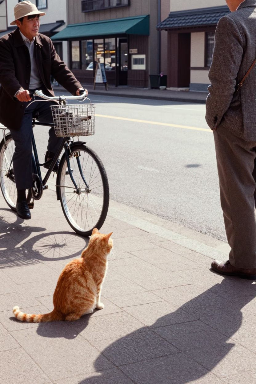 Vintage 1950s Sapporo Street Scene with Bicycle and Ginger Cat in in Sapporo, Japan