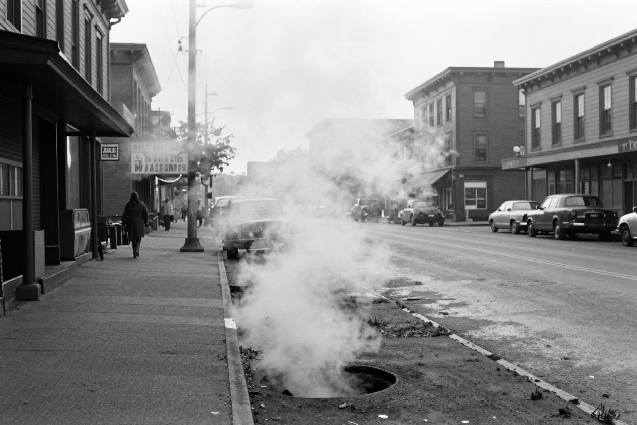 Vintage 1950s Seattle Early Morning Street Scene with Steam Pipes and Foggy Spruce Trees in in Seattle, Washington, United States
