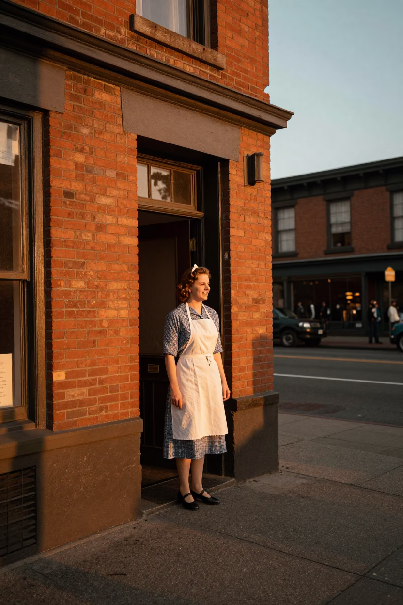 Vintage 1950s Seattle Evening Street Scene with Apron and Hinge Details in in Seattle, Washington, United States