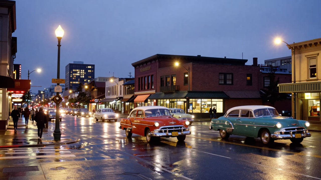 Vintage 1950s Seattle Evening Street Scene with City Lights and Classic Automobiles in in Seattle, Washington, United States
