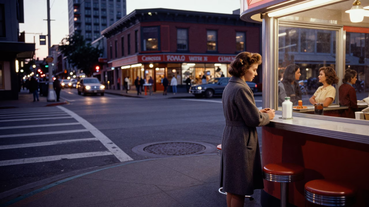 Vintage 1950s Seattle Evening Street Scene with Glass Sugar Jar and Locomotive Distant in in Seattle, Washington, United States