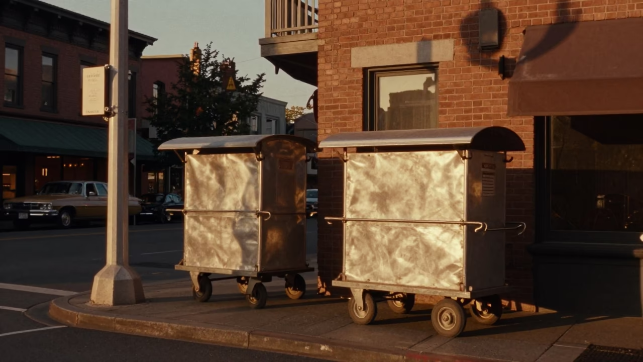 Vintage 1950s Seattle Evening Street Scene with Rolling Carts and Local Commerce in in Seattle, Washington, United States
