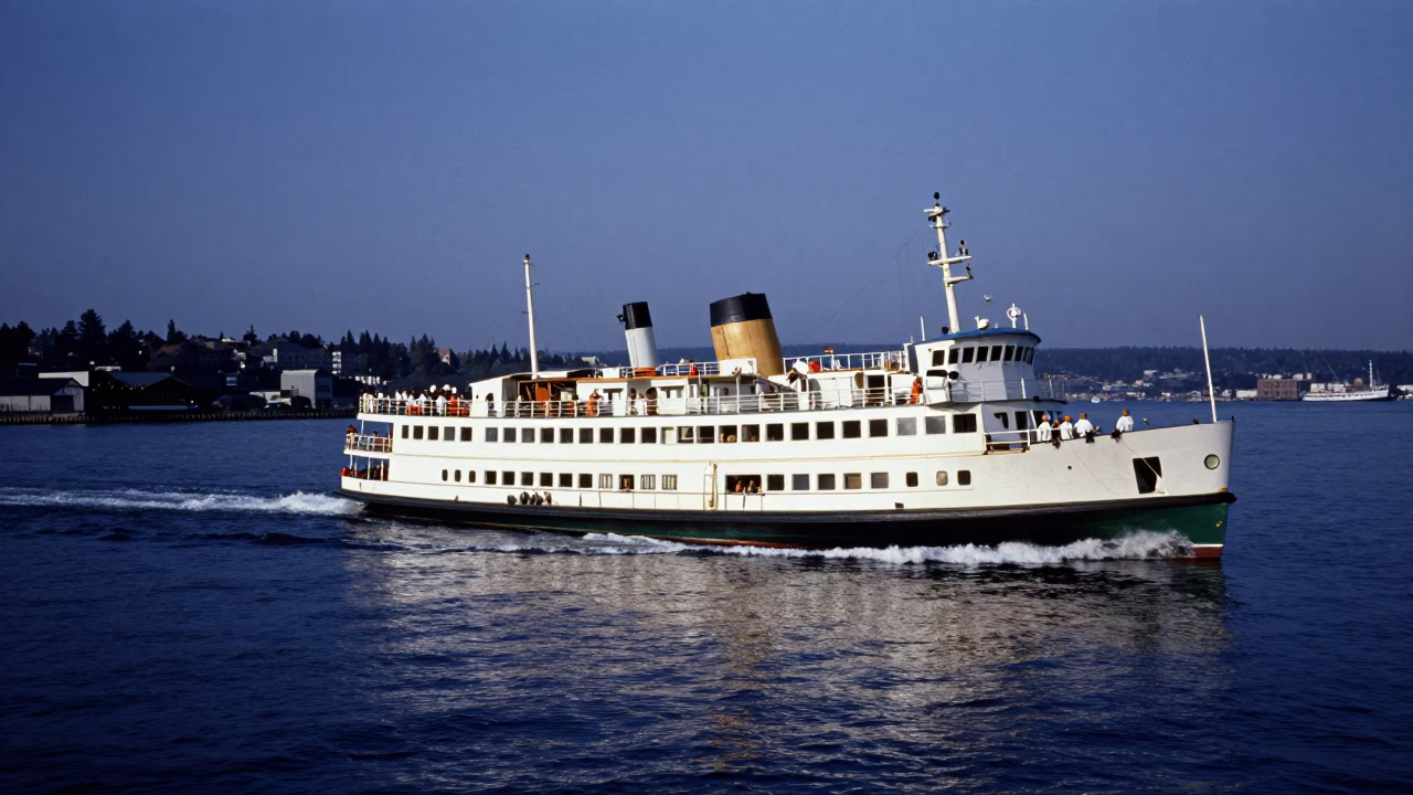 Vintage 1950s Seattle Harbor Night Scene with Ferry and Tugboats in in Seattle, Washington, United States