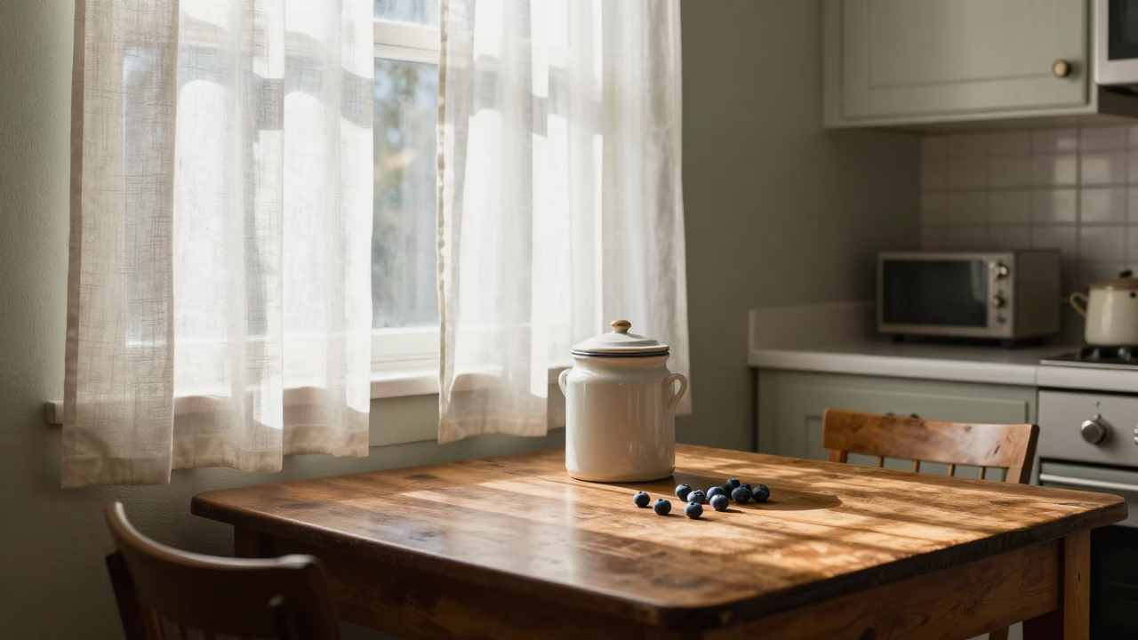Vintage 1950s Seattle Kitchen Interior with Blueberries and Linen Curtains in in Seattle, Washington, United States