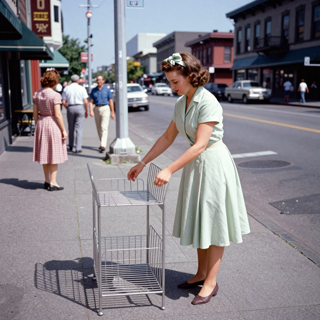 Vintage 1950s Seattle Midday Street Scene with Dish Rack and Folding Ruler in in Seattle, Washington, United States