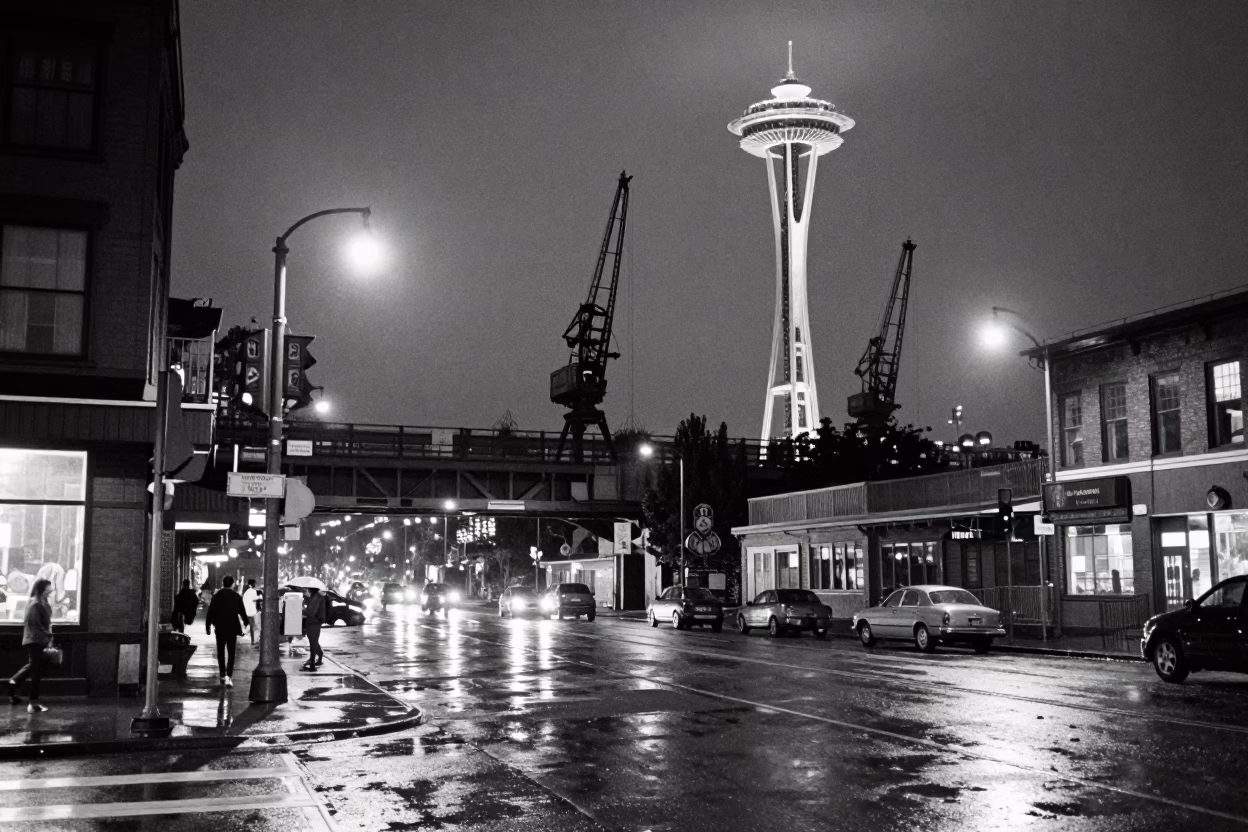 Vintage 1950s Seattle Night Street Scene with Overpass and Neon Signage in in Seattle, Washington, United States