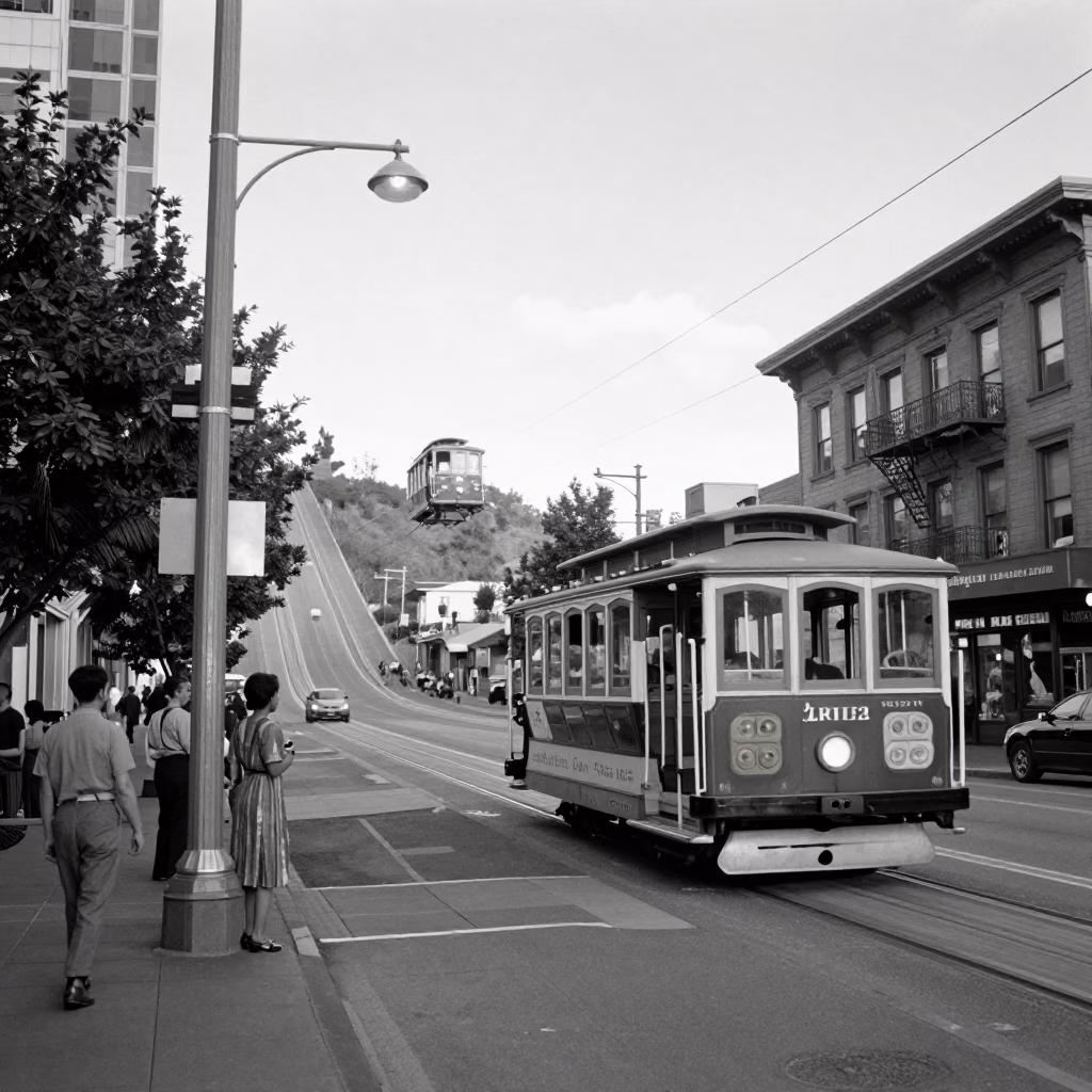 Vintage 1950s Seattle Street Scene with Cable Car at Sunset in in Seattle, Washington, United States
