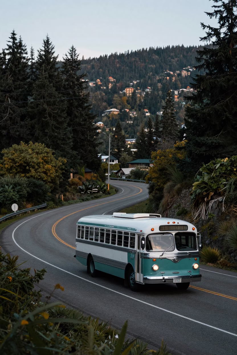 Vintage 1950s Seattle Street Scene with Classic Bus and Rainy Evening Atmosphere in in Seattle, Washington, United States