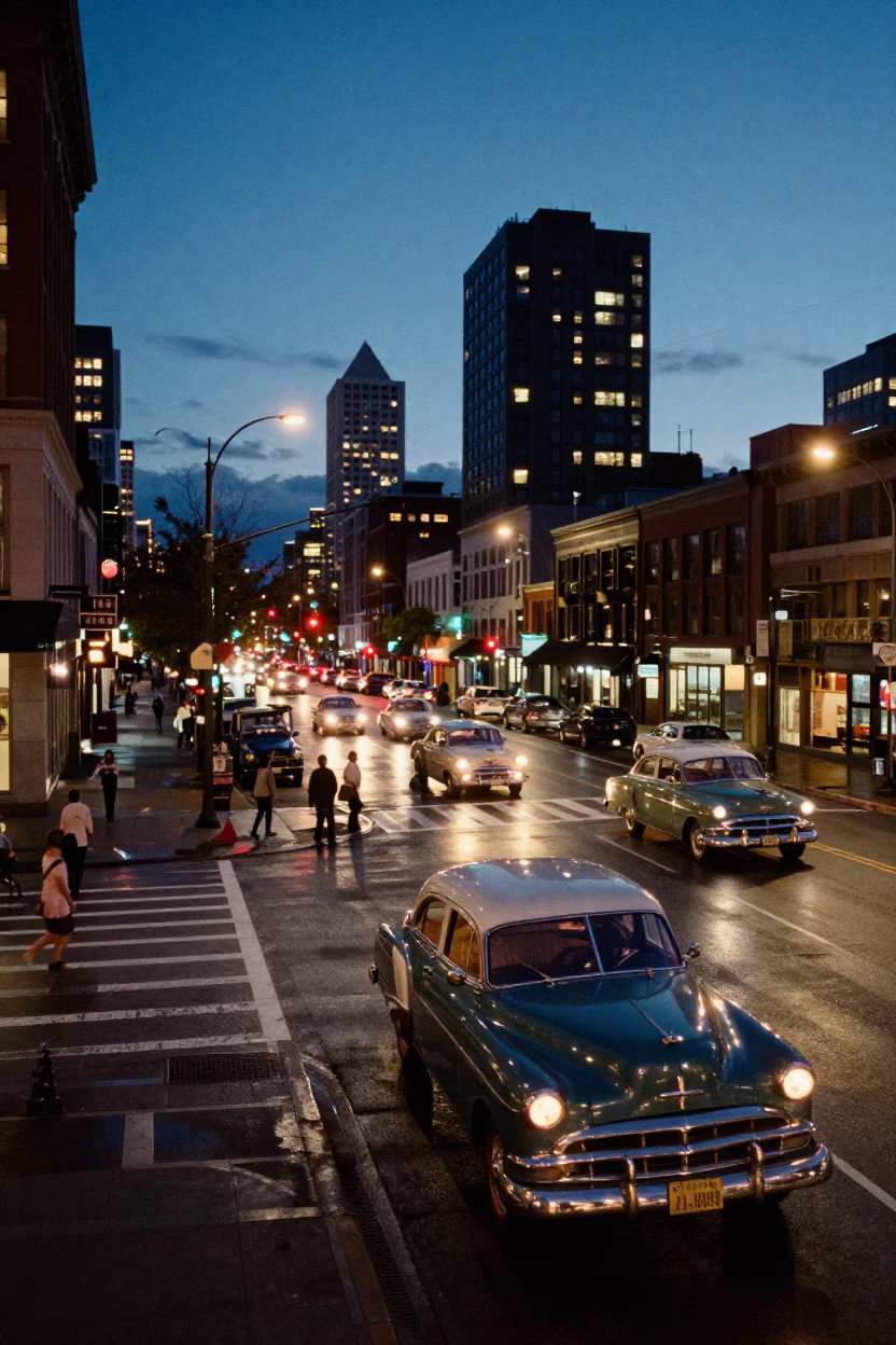 Vintage 1950s Seattle Street Scene with Glowing City Lights and Classic Automobiles in in Seattle, Washington, United States