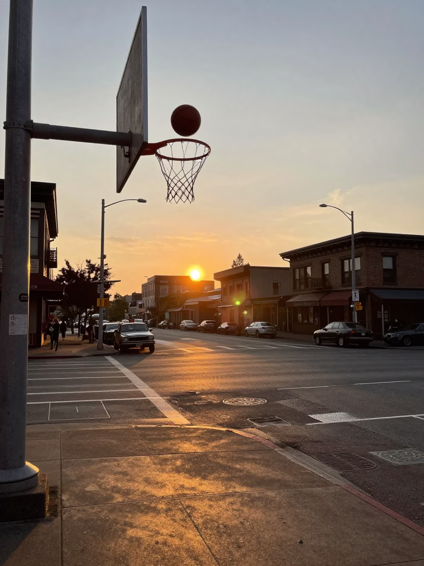 Vintage 1950s Seattle Street Scene with Leather Basketball and Drawbridge at Sunset in in Seattle, Washington, United States