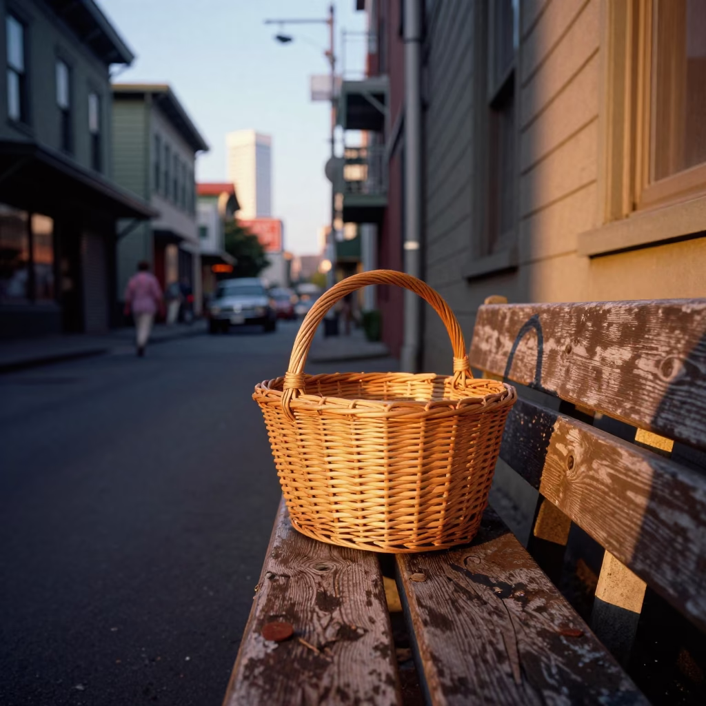 Vintage 1950s Seattle Street Scene with Wicker Basket and Blanket Chest at Golden Hour in in Seattle, Washington, United States