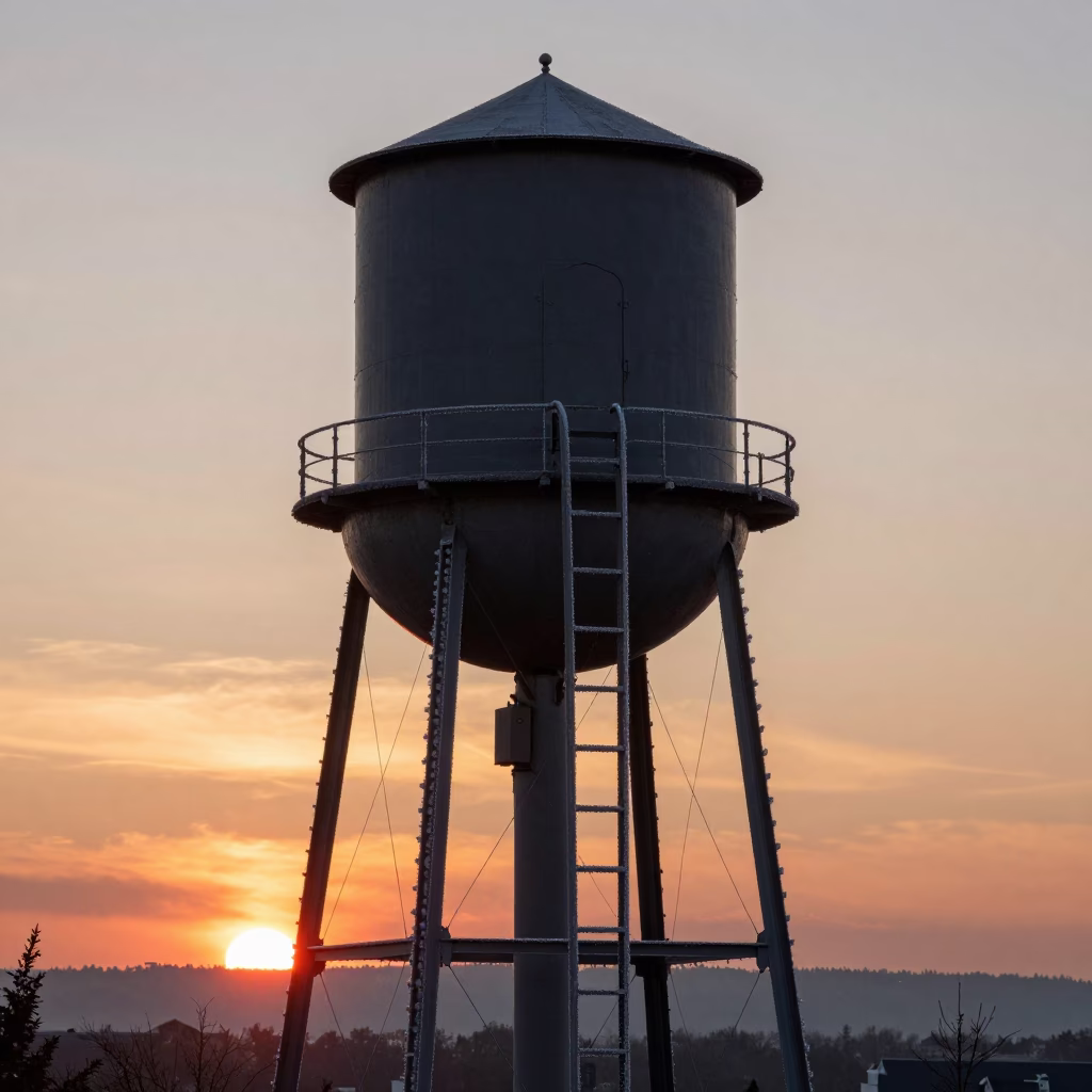 Vintage 1950s Seattle Sunset View of Water Tower Ladder and City Skyline in in Seattle, Washington, United States