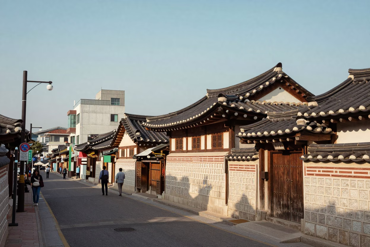 Vintage 1950s Seoul Street Scene with Traditional Korean Architecture and Daily Life in in Seoul, South Korea