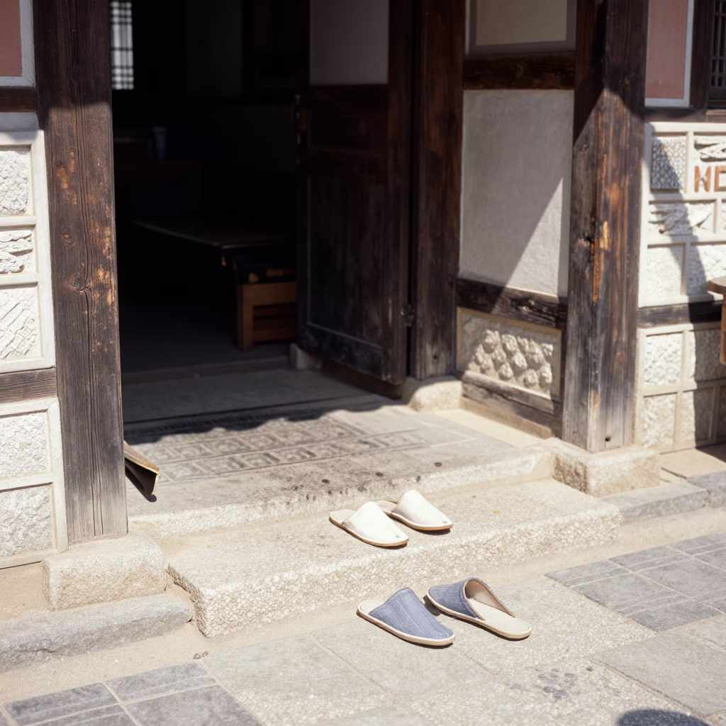 Vintage 1950s Seoul Street Scene with Traditional Slippers and Nectarines in in Seoul, South Korea