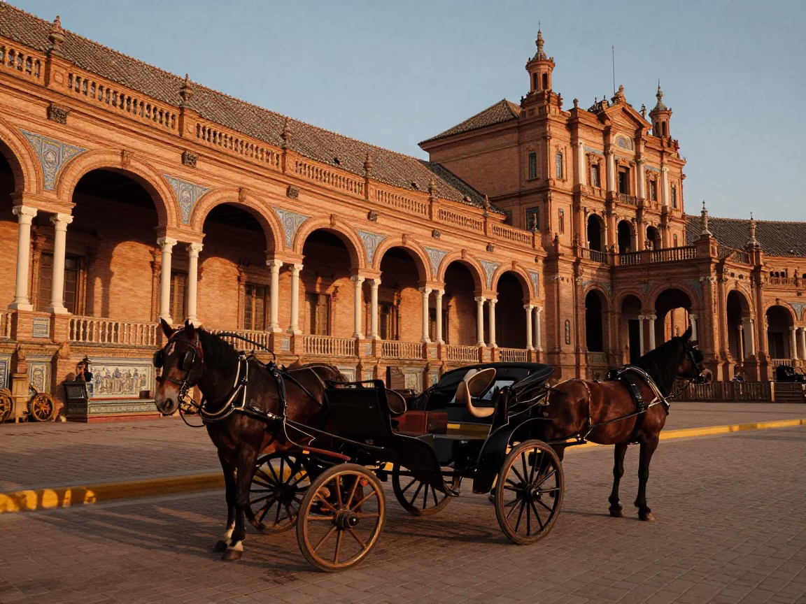 Vintage 1950s Seville Evening Street Scene with Horse-Drawn Cart and Traveler Suitcases in in Seville, Spain