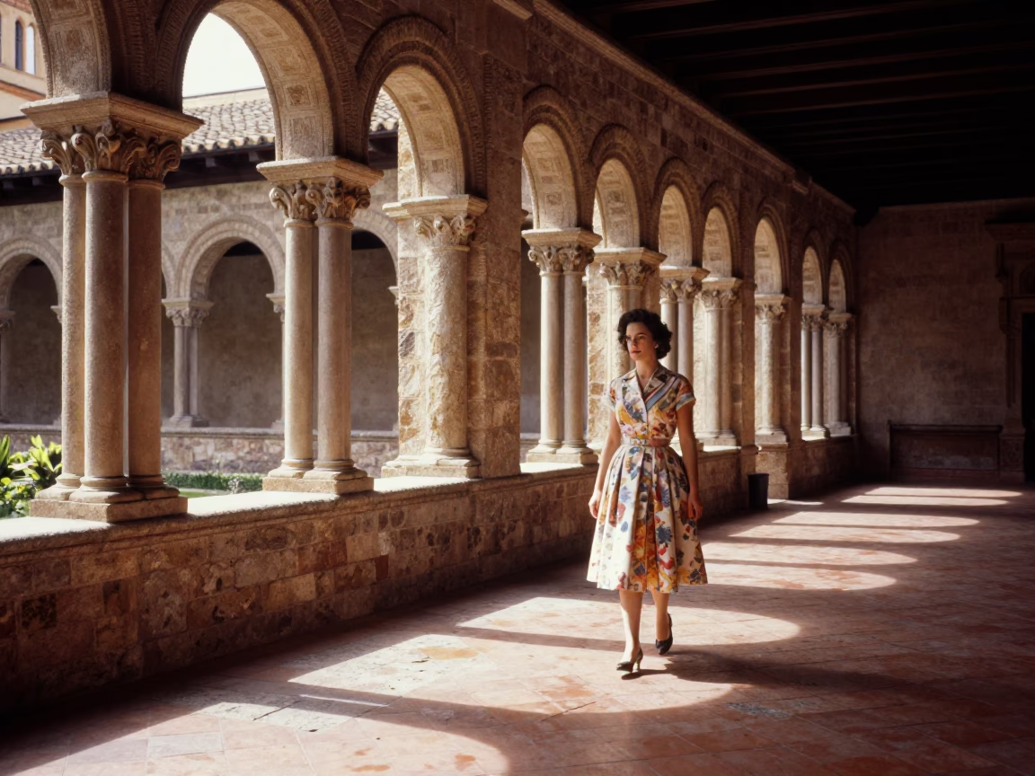 Vintage 1950s Seville University Cloister Walkway Between Old Stone Buildings Late Morning in in Seville, Spain