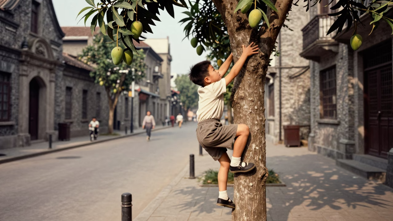 Vintage 1950s Shanghai Street Scene with Child Climbing Mango Tree and Funicular Railway in in Shanghai, China