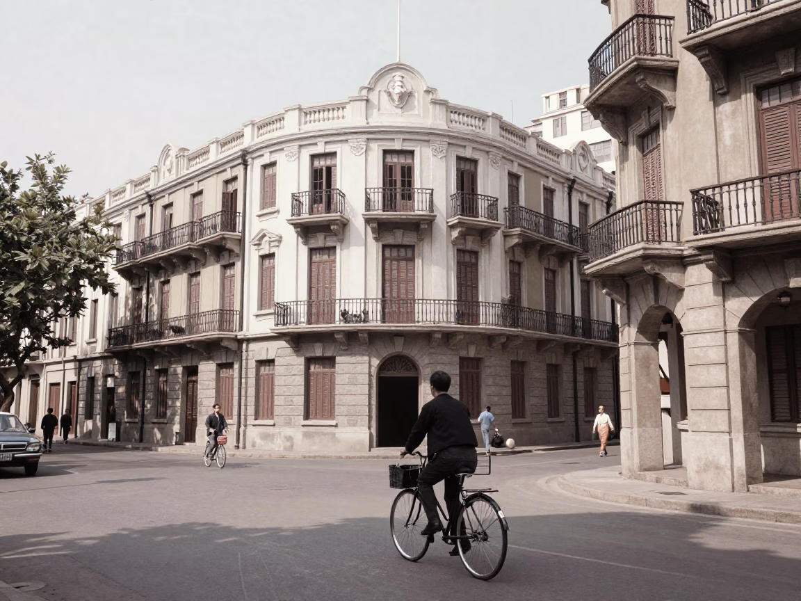 Vintage 1950s Shanghai Street Scene with Cyclist and Basil Vendor in in Shanghai, China