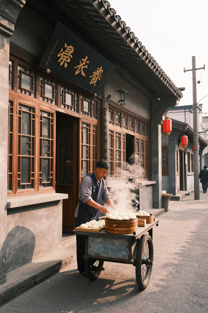 Vintage 1950s Shanghai street scene with traditional teahouse and local daily life in in Shanghai, China