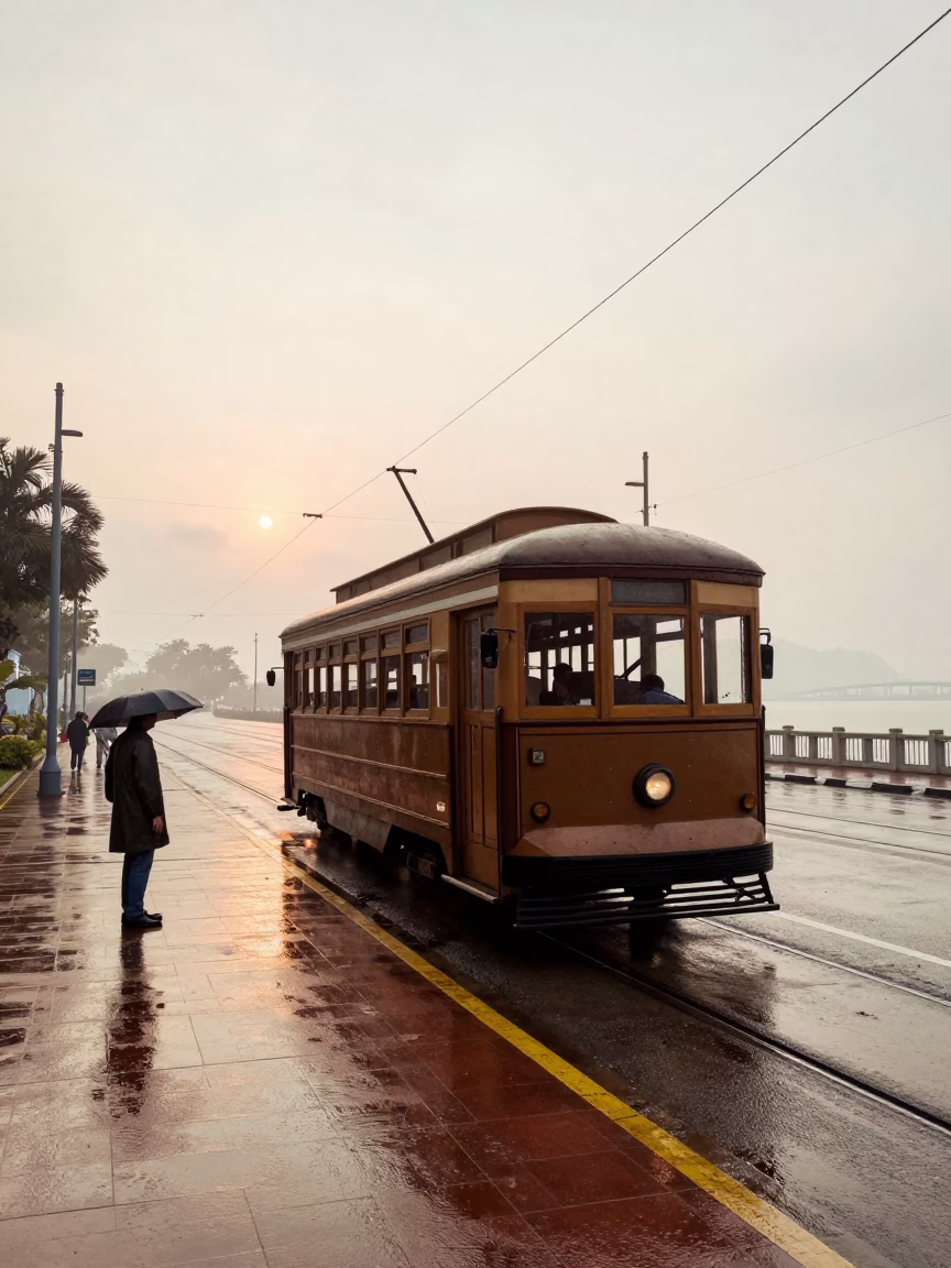 Vintage 1950s Singapore Dawn Street Scene with Heritage Tram and Morning Mist in in Singapore, Singapore