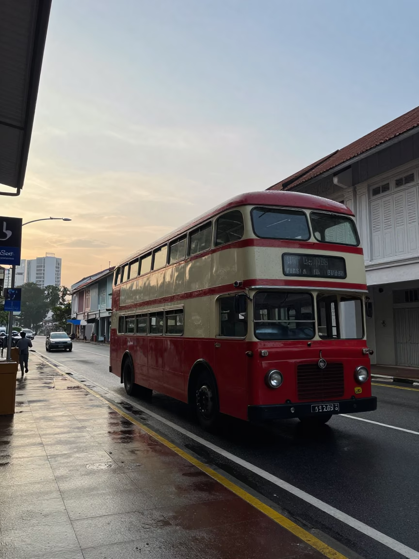 Vintage 1950s Singapore Street Scene Before Sunrise with Double-Decker Bus and Rain in in Singapore, Singapore