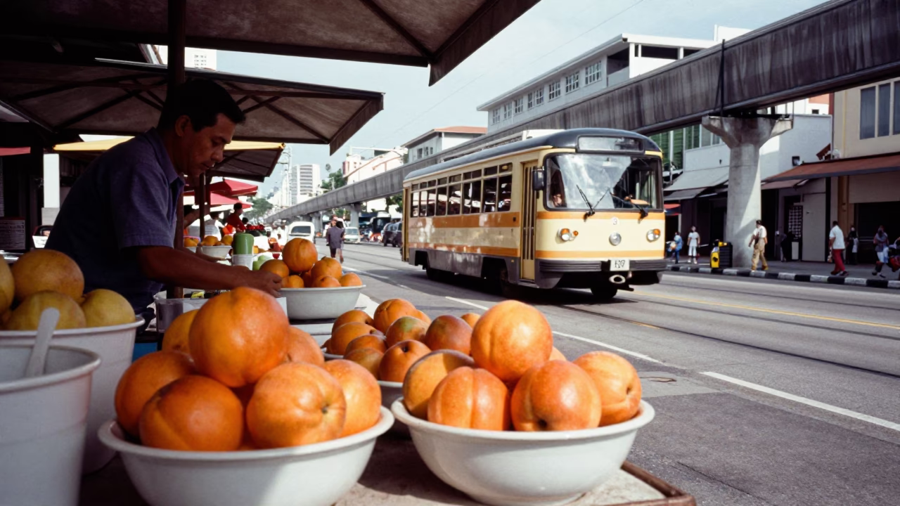Vintage 1950s Singapore Street Scene with Monorail Reflection and Local Market Goods in in Singapore, Singapore