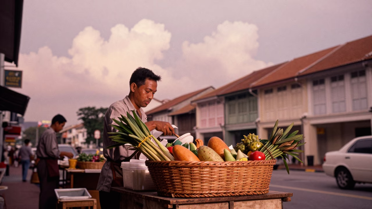 Vintage 1950s Singapore Street Scene with Morning Glory Clouds and Rattan Basket in in Singapore, Singapore
