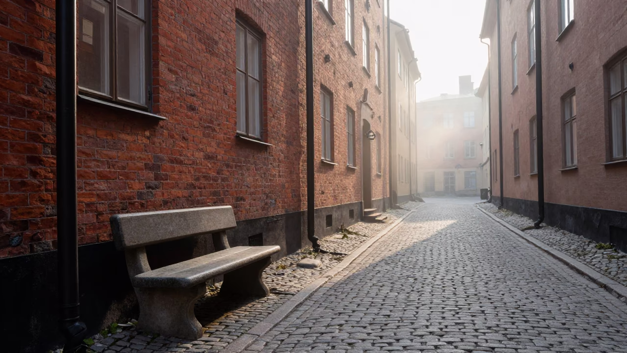 Vintage 1950s Stockholm Alleyway with Stone Bench and Morning Light in in Stockholm, Sweden