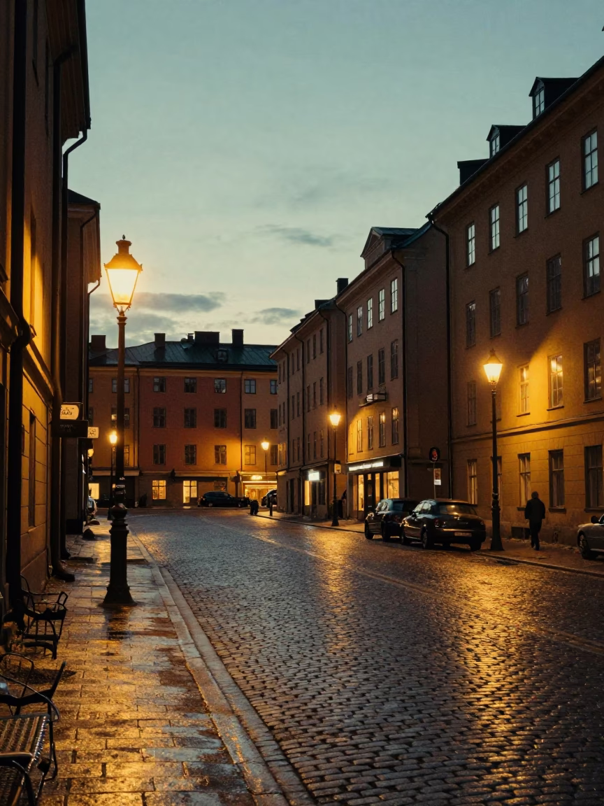 Vintage 1950s Stockholm Street Scene at Dusk with City Lights Glowing and Pedestrians Walking in in Stockholm, Sweden