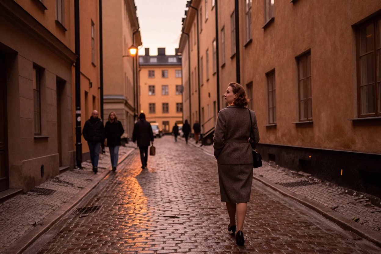 Vintage 1950s Stockholm Street Scene with Copper Dusk Light and Local Fashion Details in in Stockholm, Sweden