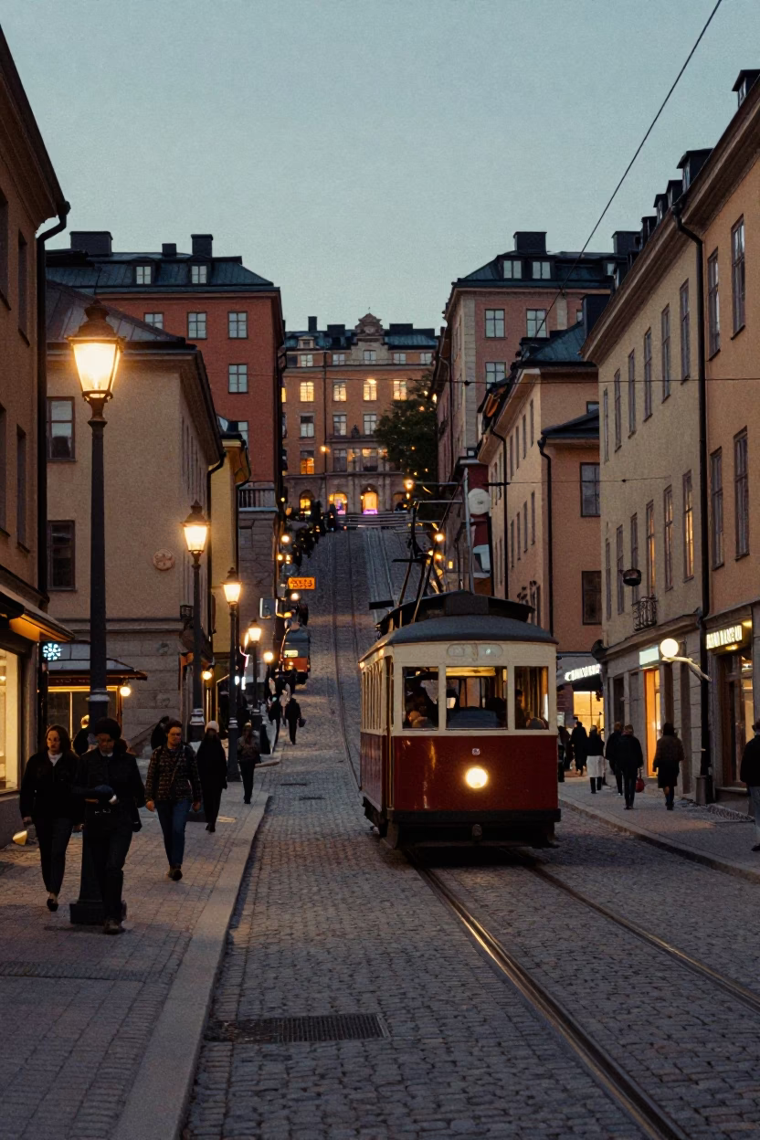 Vintage 1950s Stockholm Street Scene with Funicular and City Lights in in Stockholm, Sweden