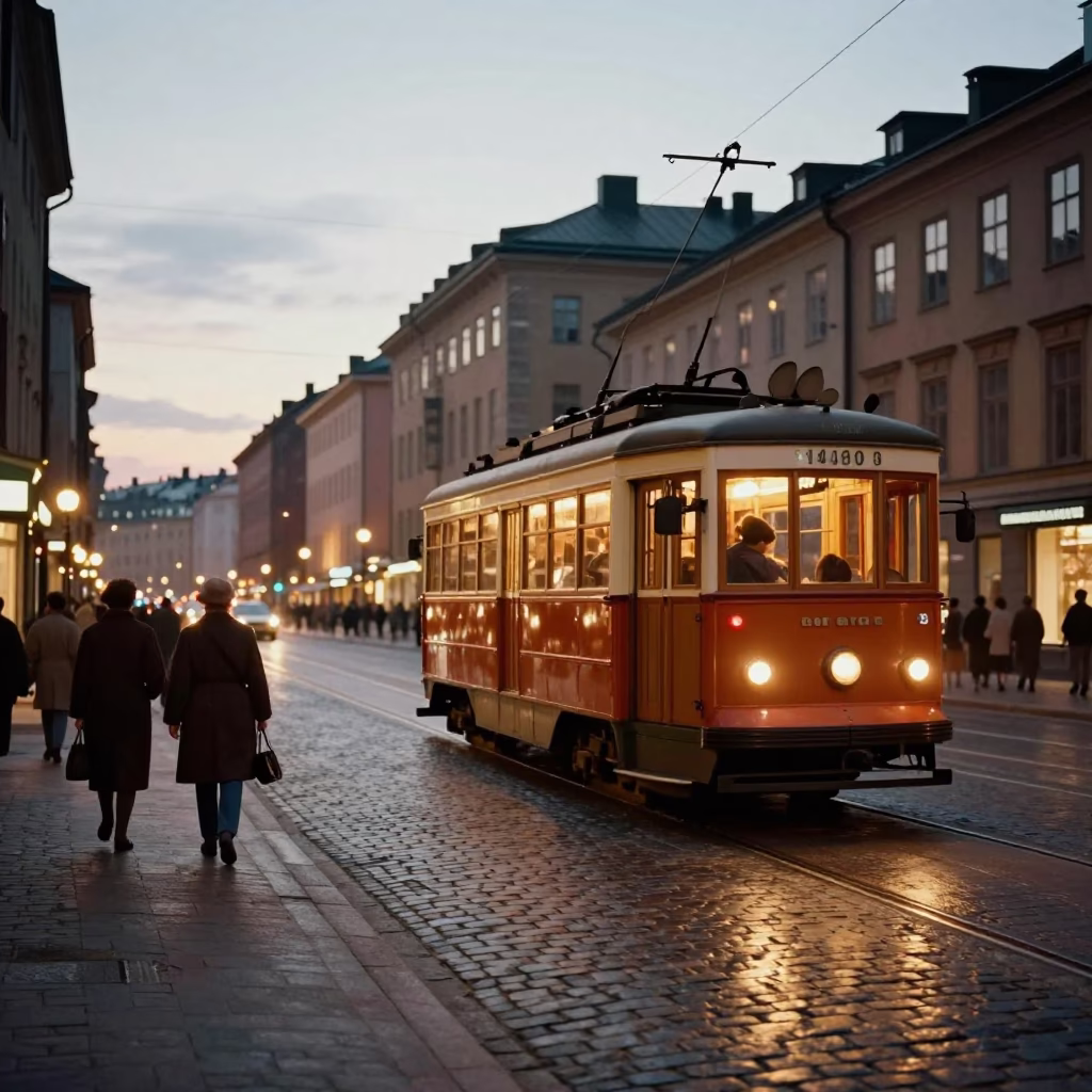 Vintage 1950s Stockholm Street Scene with Heritage Tram and Cobblestone Avenue at Dusk in in Stockholm, Sweden