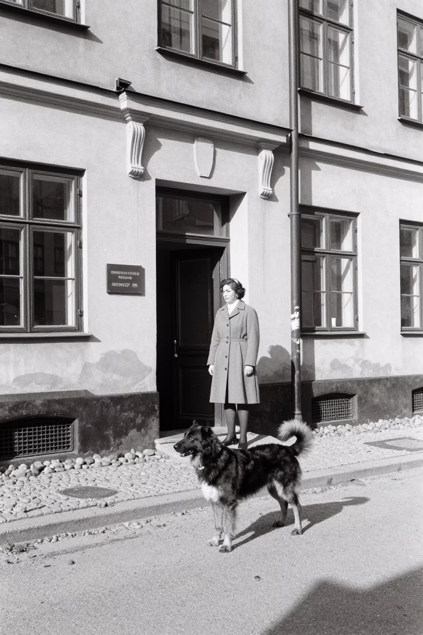 Vintage 1950s Stockholm Street Scene with Hovawart Dog and Coat Hook in in Stockholm, Sweden