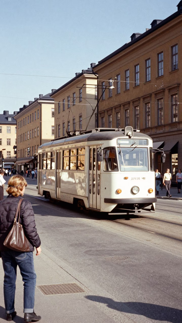 Vintage 1950s Stockholm Street Scene with Tram and Pedestrians in Bright Midmorning Light in in Stockholm, Sweden