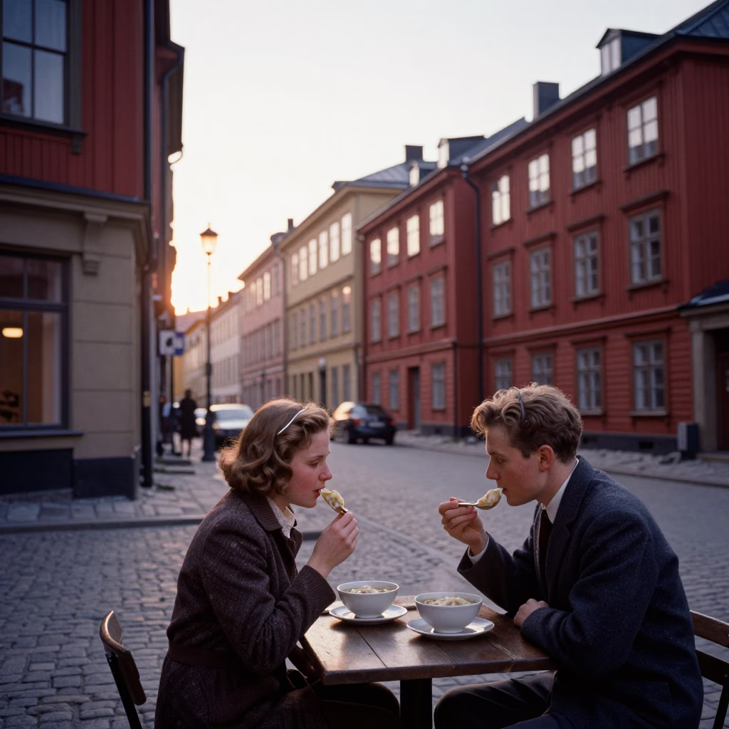 Vintage 1950s Stockholm Street Scene with Wonton Soup and Local Charm in in Stockholm, Sweden