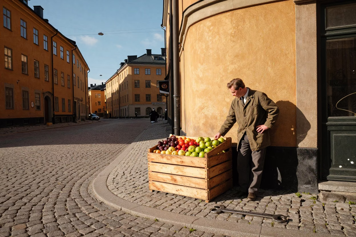 Vintage 1950s Stockholm Street Scene with Wrench and Fruit Crate in Late Afternoon Light in in Stockholm, Sweden
