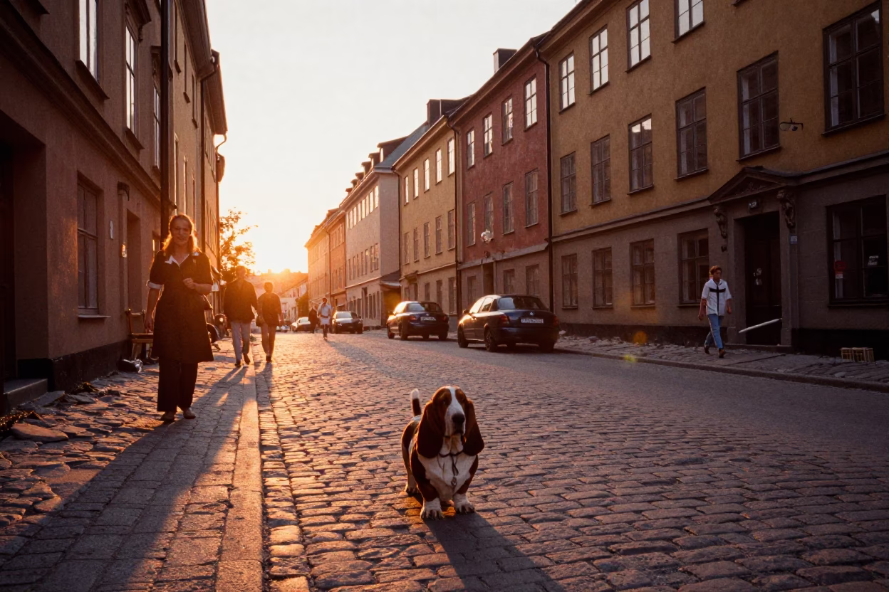 Vintage 1950s Stockholm Sunset Street Scene with Basset Hound and Nordic Maypole Tradition in in Stockholm, Sweden
