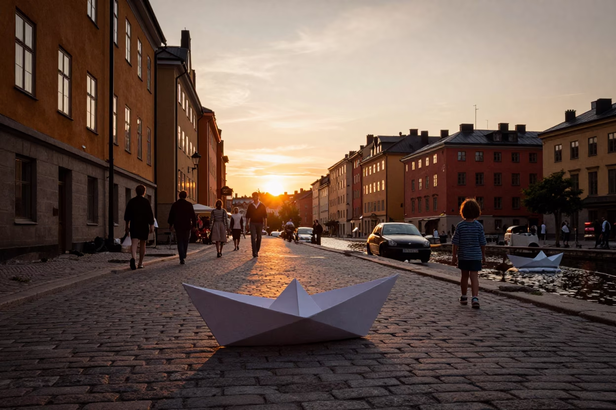 Vintage 1950s Stockholm Sunset Street Scene with Paper Boat of Poutine in in Stockholm, Sweden