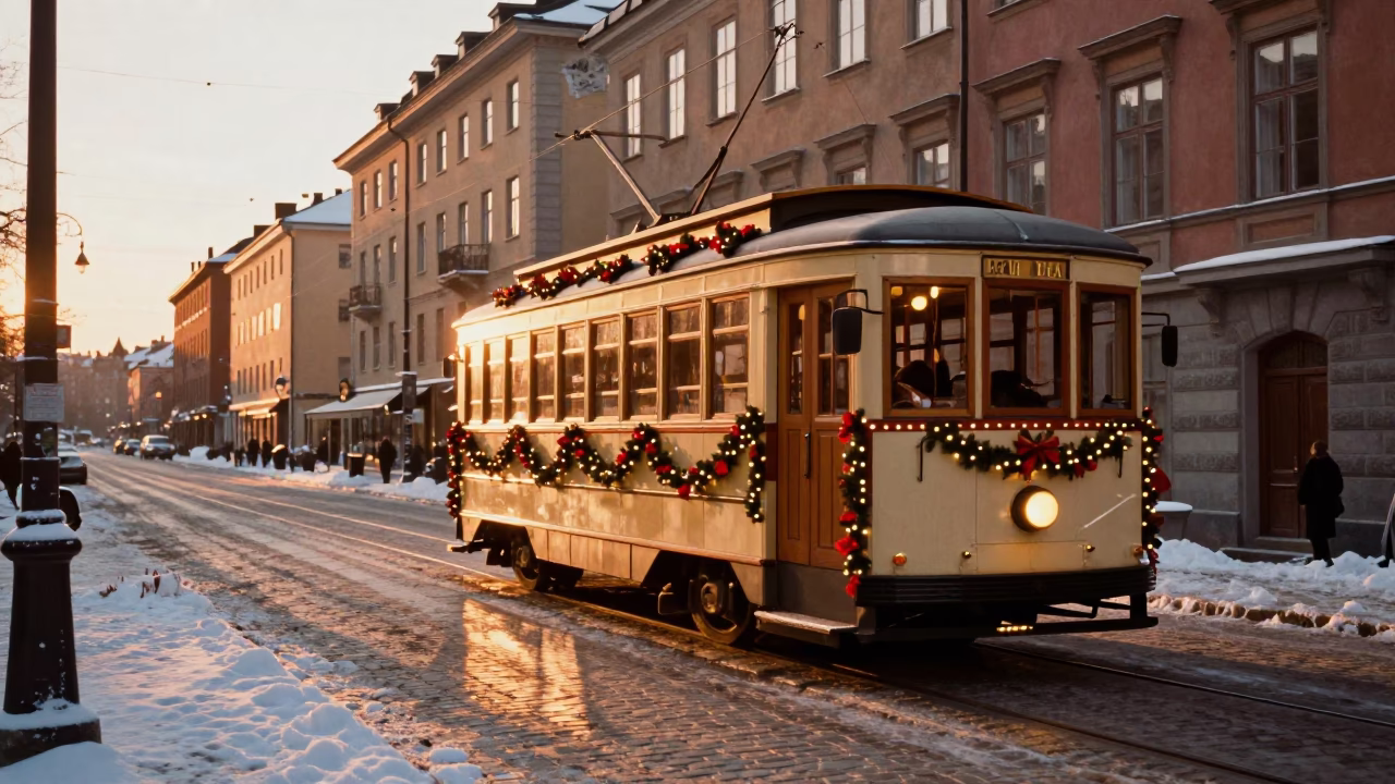 Vintage 1950s Stockholm Sunset Tramcar Decorated for Christmas on Snowy Avenue in in Stockholm, Sweden